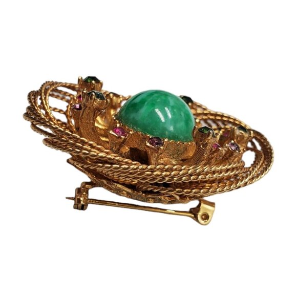 Vtg Green Peking Glass Cabochon Brooch Pink Rhinestone Intricate Wire Gold Tone - Picture 5 of 8